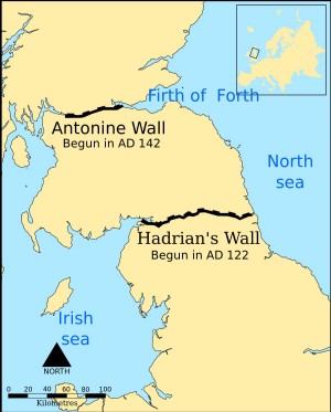 A map showing the Antonine Wall and Hadrian's Wall